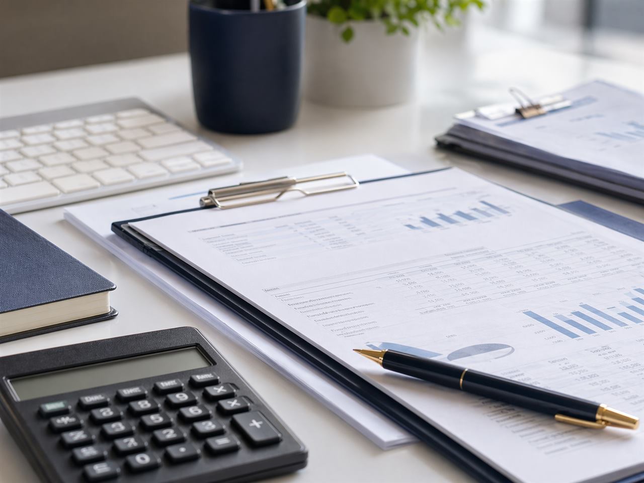 Dokumenty ksiegowe i kalkulator na biurku